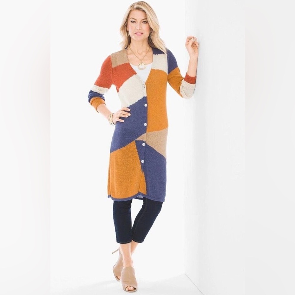 Chico's‎ Size 2 Colorblock Geometric Pattern Cardigan Cotton Blend Sweater